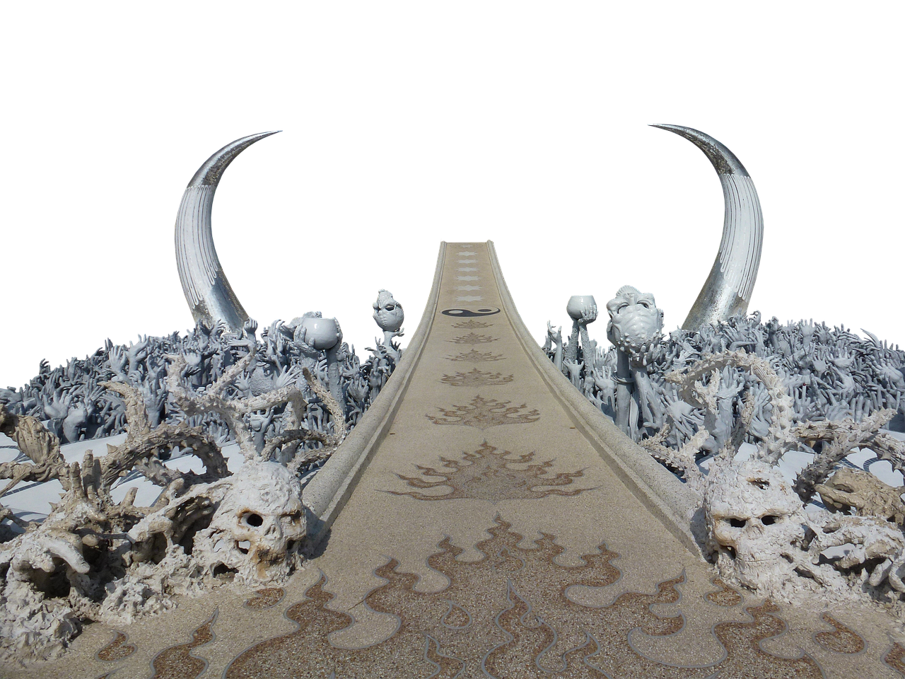 this image showcases a portion of wat rong khun, also known as the white temple in thailand. a detailed bridge leads forward, adorned with intricate flamelike patterns and a yin and yang symbol. along the sides, there are numerous white sculptures of hands reaching upwards from below, interspersed with skulls and other ghostly figures. above, silver crescent moonlike structures add to the surreal and fantastical atmosphere of the scene.