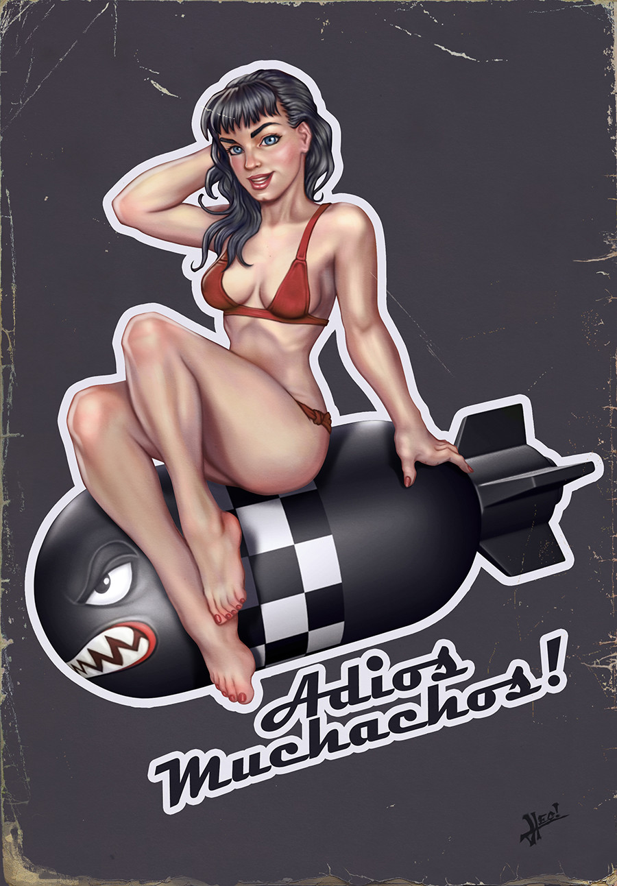 the image is a digital artwork depicting a pinup style illustration of a woman in a red bikini sitting on a cartoonish bomb with a checkered design. the bomb has a face and teeth, adding a whimsical element to the otherwise militarythemed design.  the woman has dark hair styled in a classic pinup fashion. the background is a dark gray with a distressed texture, giving the piece a vintage feel. the words "adios muchachos!" are written in a stylized font at the bottom, suggesting a farewell or departure theme, common in wartime propaganda. the overall style is reminiscent of vintage wwii pinup posters.