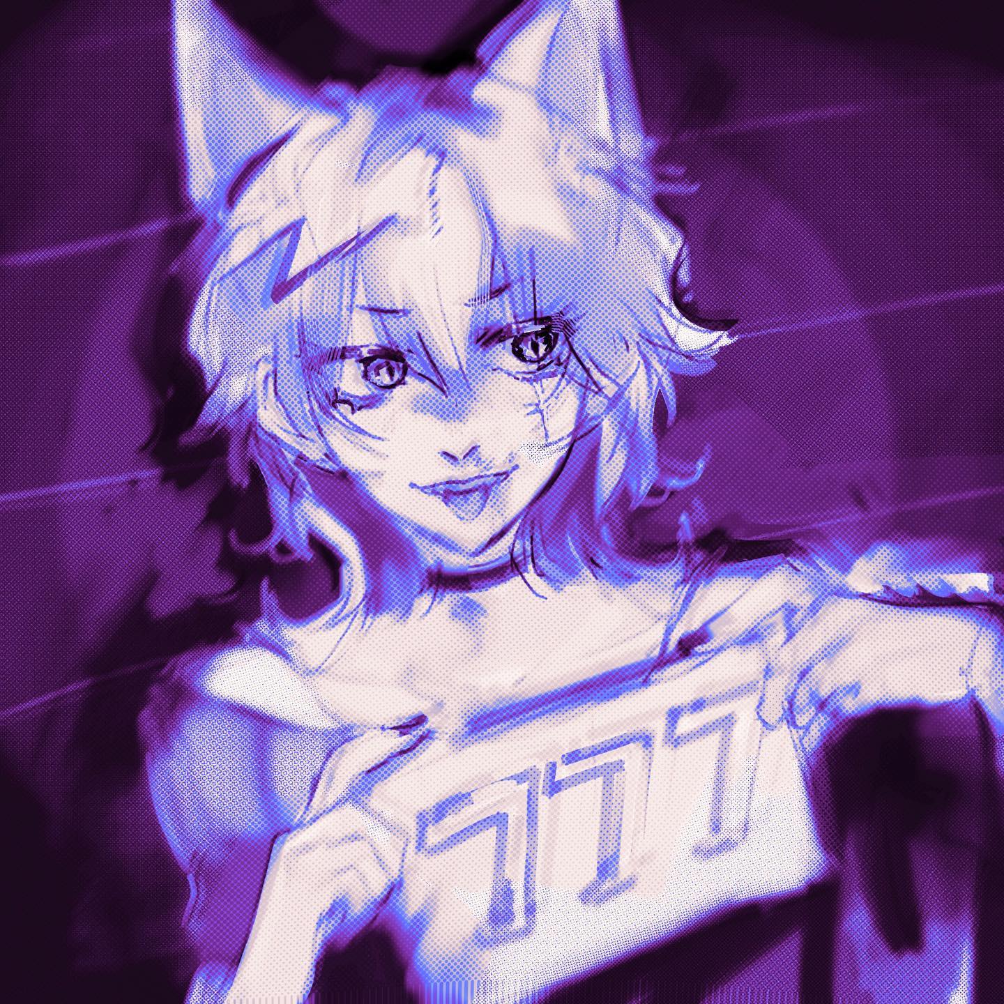 he image is a stylized digital drawing or painting of an animestyle girl with cat ears. the color palette is predominantly purple and blue, with a neonlike effect. the girl's expression is slightly mischievous or sly. she is holding up a sign that says "777," possibly indicating a game reference or symbolic meaning. the art style blends elements of fantasy, cyberpunk, and kawaii aesthetics. the overall feel is edgy, mysterious, and visually striking.  there are hints of a glitch effect on the image. the background is dark and textured suggesting a dimly lit setting.