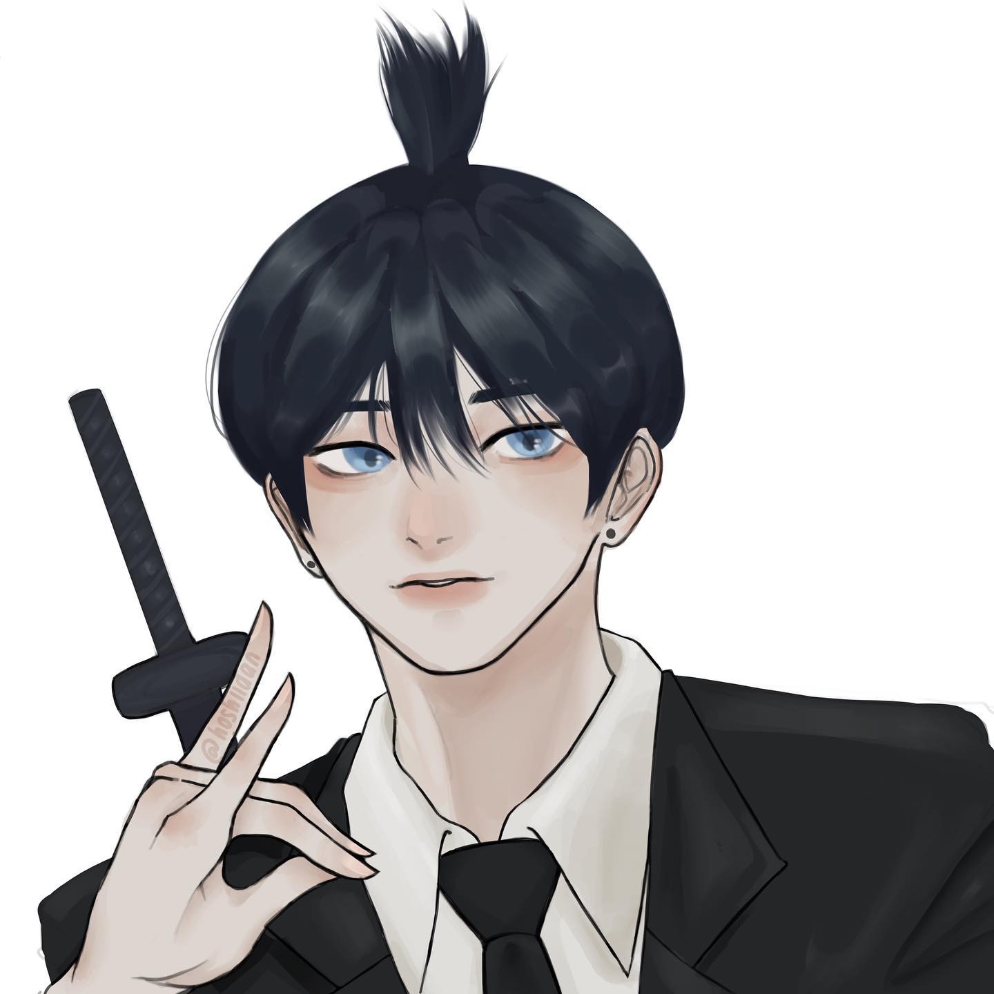the image is a digital painting or drawing in an anime/manga style. it depicts a young man with dark blue hair styled in a topknot or bun. he has striking light blue eyes and is wearing a sharp black suit with a white collared shirt and a dark tie. he holds a katana (japanese sword) in his left hand while making a hand gesture resembling an "ok" sign with his right. the overall style is semirealistic with soft shading and clean lines. the background is plain white which directs focus on the character.  the expression on his face is subtly serious and cool, hinting at a complex or perhaps mysterious personality.