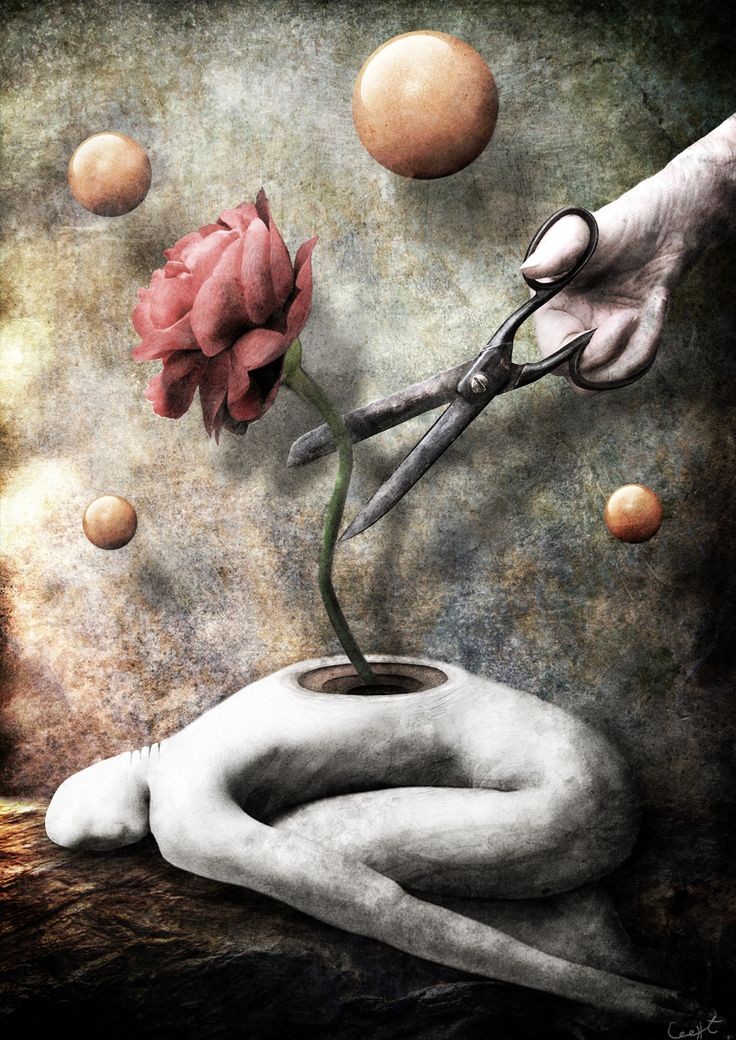 this surreal artwork features a rose growing out of a hollowedout human body. a hand is holding a pair of scissors, cutting the rose’s stem. the image is full of symbolism, and it's open to interpretation. the  image has a dark and mysterious aesthetic with a grungy background. the rose, with its petals fully open, seems to symbolize beauty and life, while the cutting of the rose can symbolize the fragility of life, the pain of loss, or the cutting off of beauty. the human body, with its hollowedout chest,  can be seen as  a symbol of mortality, emptiness, or vulnerability. the hand holding the scissors,  represents a force  that can control or destroy.  the image can be interpreted in various ways,  as it speaks to  the beauty and fragility of life, the inevitability of death, and the power of human emotions.