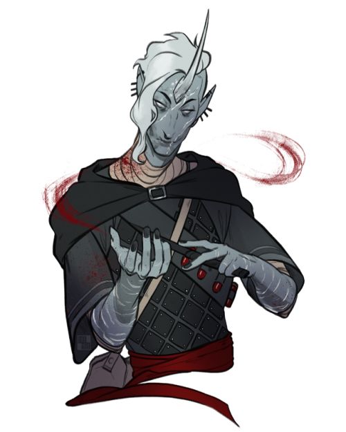 this is a digital illustration of a male drow character. he has white hair, grey skin, and is wearing a black cloak, red sash, and dark armor. he has a small sword on his hip and appears to be holding a dagger in his right hand. his left hand is covered in blood, and there are blood splatter marks on his clothing.  his expression is serious and determined.  he is likely a warrior.