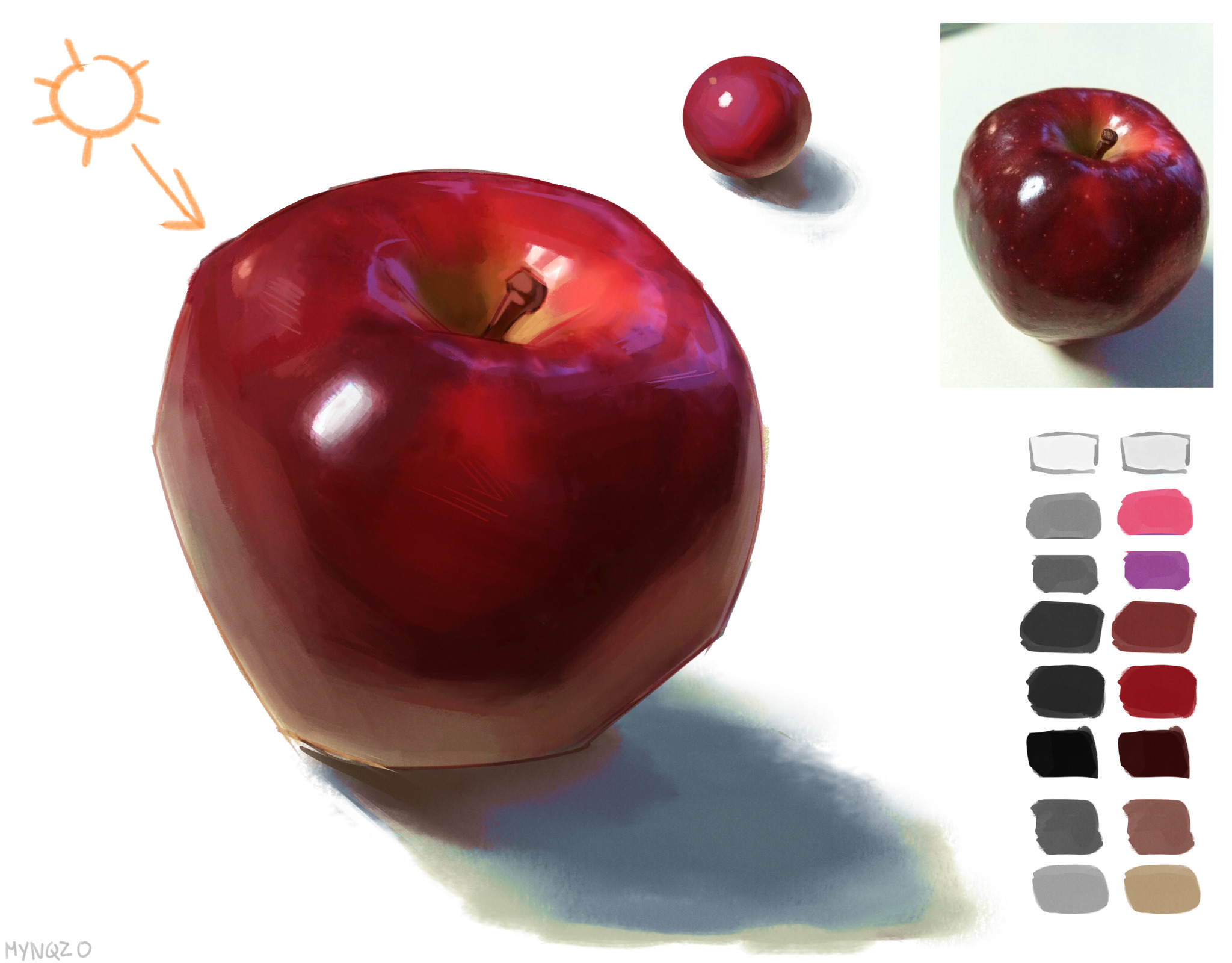 this image showcases a digital painting of a red apple. it includes a color palette used in the creation of the painting, a small sketch of the apple's form, and a reference photo of a real apple. the painting depicts a shiny red apple with a highlight reflecting the sunlight, casting a soft shadow beneath.