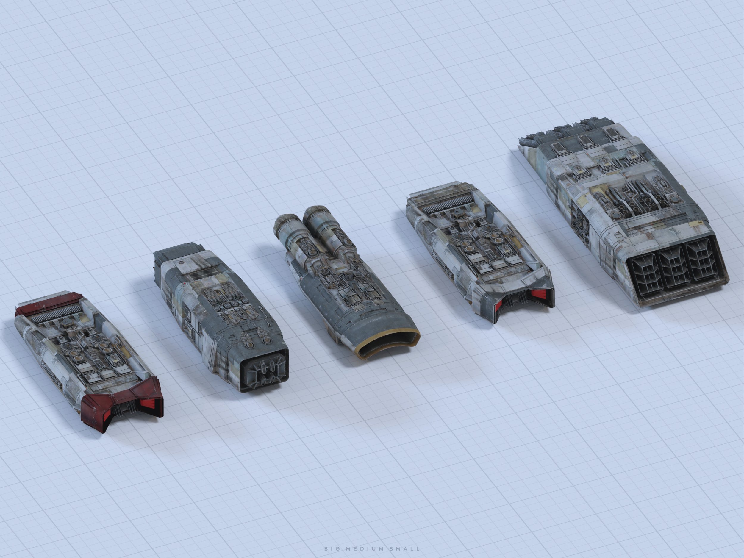 digital 3d rendering displays six variations of a spacecraft model in different sizes, arranged from largest to smallest, on a light blue grid background.  the ships are predominantly grey and white with some reddish detailing, showing a weathered or used appearance. each model reveals internal mechanical details, and the largest ship features multiple exhaust ports. a caption at the bottom reads "big medium small," indicating the size comparison.
