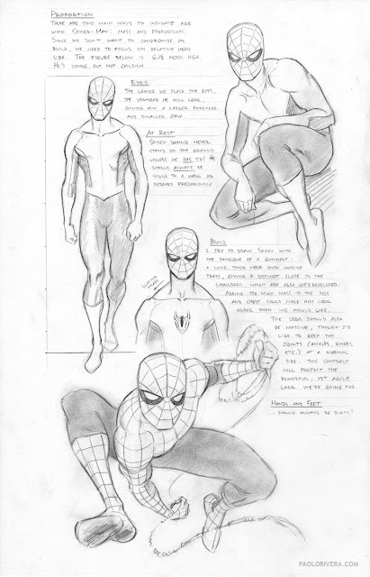 this image is a pencil drawing of spiderman in different poses and angles.  the artist has labeled each drawing with notes on the specific areas, such as proportion, build, eyes, and hands and feet. the artist uses the drawings to demonstrate different poses and angles of the superhero character. the image is clearly a work in progress, but is a fascinating glimpse into the process of character design.  the image is created by paolo rivera and includes his signature at the bottom of the page.  the drawing is a pencil sketch on white paper.