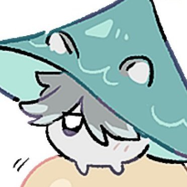 a cute cartoon character with a large blue hat that covers their head. they are smiling and their eyes are sparkling.