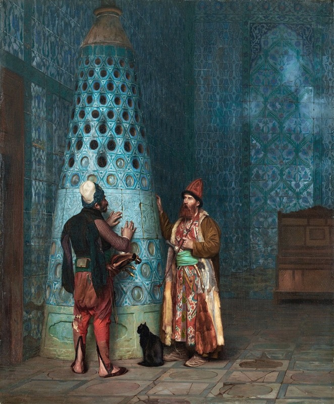 the painting depicts two men in ottomanera attire standing beside a large, tiled stove inside a room with elaborately tiled walls. a black cat sits at the base of the stove. one man, with a turban, is facing the stove and touching it with his hands. the other man, wearing a red fezlike hat, is gesturing with one hand. the room features a tiled floor and a wooden bench or cabinet in the background.