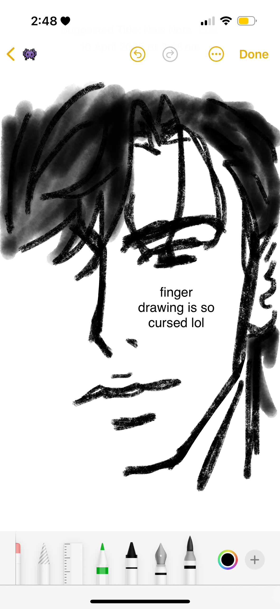 an image of a finger drawing of a face in the apple notes app. the drawing is in black and white and includes the face, hair, and neck of the subject. a text overlay reads "finger drawing is so cursed lol". the user interface of the notes app is visible at the top and bottom of the image, showing the time, battery status, and drawing tools.