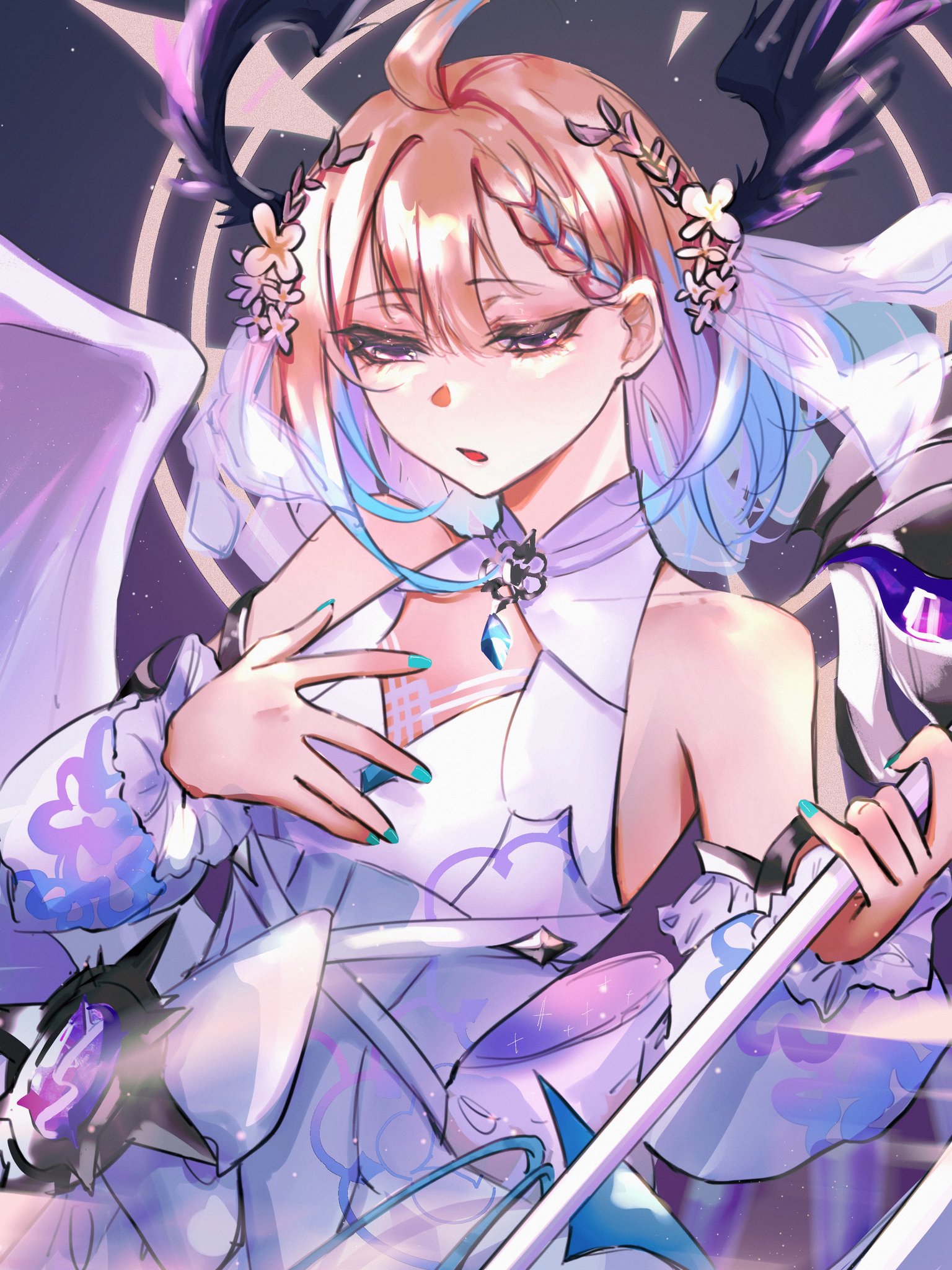 this illustration is of a young woman with beautiful, long, blonde hair. she has a colorful dress and a flower crown. she is holding a sword and has large, beautiful blue eyes. the image is full of color and is very welldrawn. it appears to be a fantasythemed illustration, and the woman is likely a magical character.
