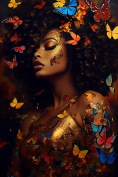 a black woman with voluminous curly hair adorned with a cascade of butterflies is the subject of this digital artwork. her eyes are closed, her expression serene as she embodies a sense of ethereal beauty. she wears a shimmering gold top, further enhancing the warm, opulent feel of the portrait. the background is a rich, dark brown, allowing the vibrant colors of the butterflies and the woman's radiant skin to pop.