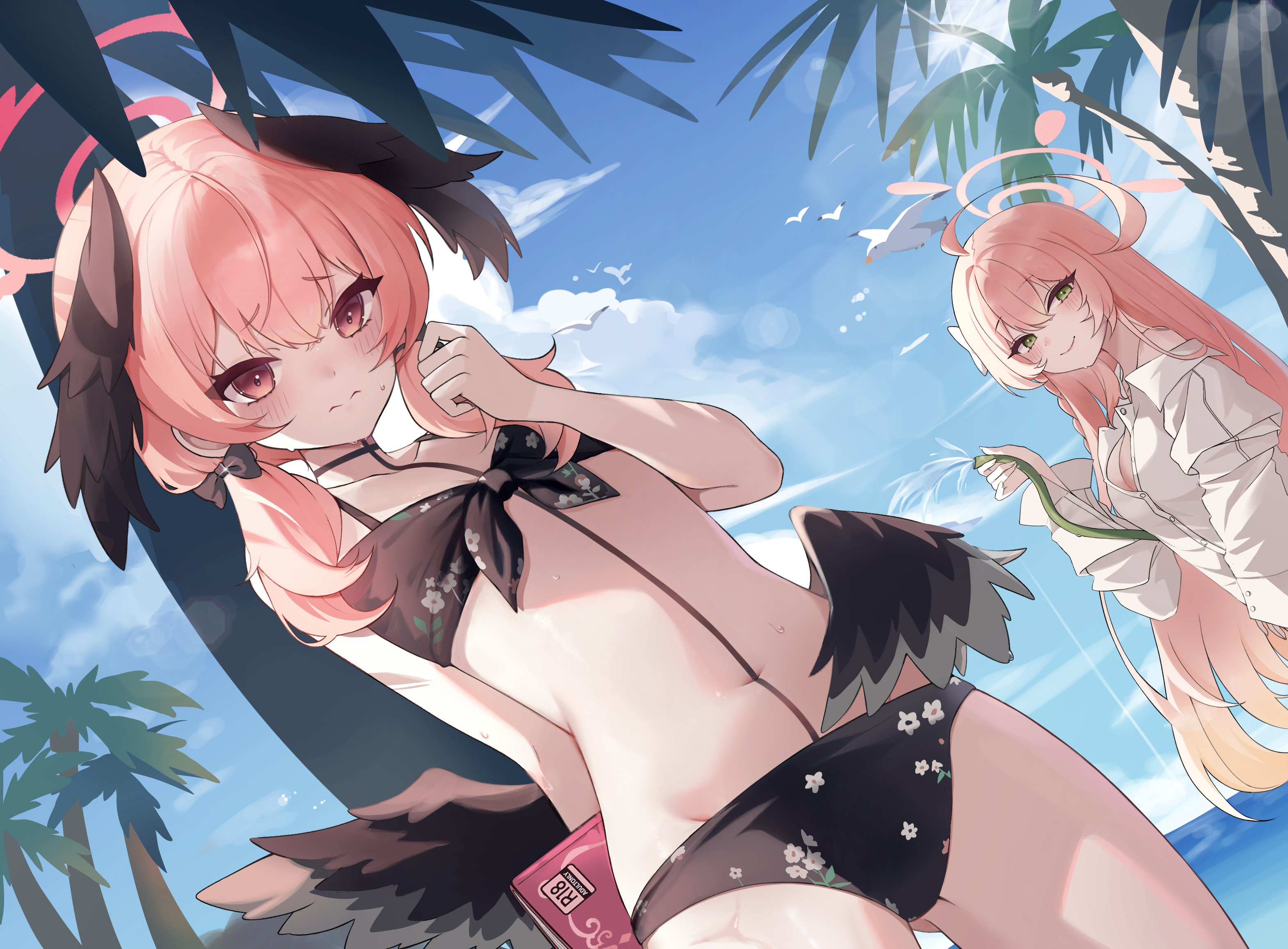 the image depicts two anime girls enjoying a sunny day at the beach. one girl, with pink hair and dark feathered wings, is wearing a darkcolored bikini with small white flowers and looks somewhat annoyed. she’s partially obscured by a palm tree. the second girl, also with pink hair but a lighter shade and wearing a white, loose shirt, is playfully spraying her with a water hose. the background features palm trees, a clear blue sky, and some seagulls, creating a bright, cheerful summer atmosphere. the art style is reminiscent of digital manga or fanart, with a focus on smooth lines and soft colors.
