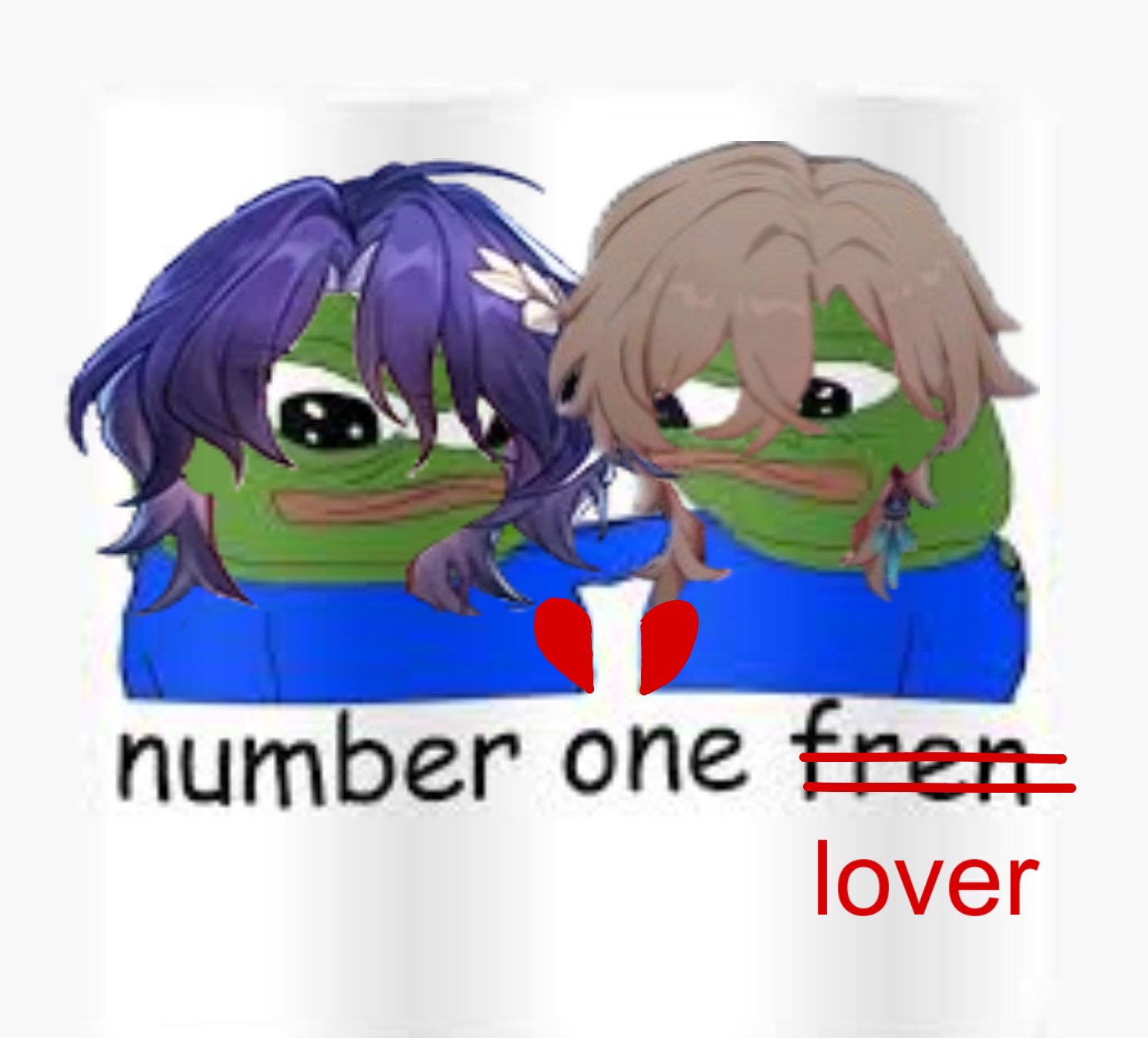 the image is a meme featuring two anthropomorphic frog characters, styled in an anime/manga aesthetic, with purple and brown hair respectively.  they are hugging, with a broken heart depicted between them. below them, the text "number one fren" is shown, with "fren" crossed out and "lover" written underneath in red, indicating a shift from friendship to a failed romantic relationship. the frogs' expressions are melancholic.  the overall style is humorous and relatable to experiences of heartbreak or lost relationships.