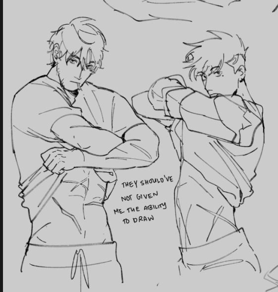 a sketch of two men. one is standing and looking to the side with his arms crossed. the other is standing in front of him and looking to the side with his arms at his side. a text bubble above the men reads "they should've not given me the ability to draw." both men have sad expressions on their faces. the drawing style is anime or manga.