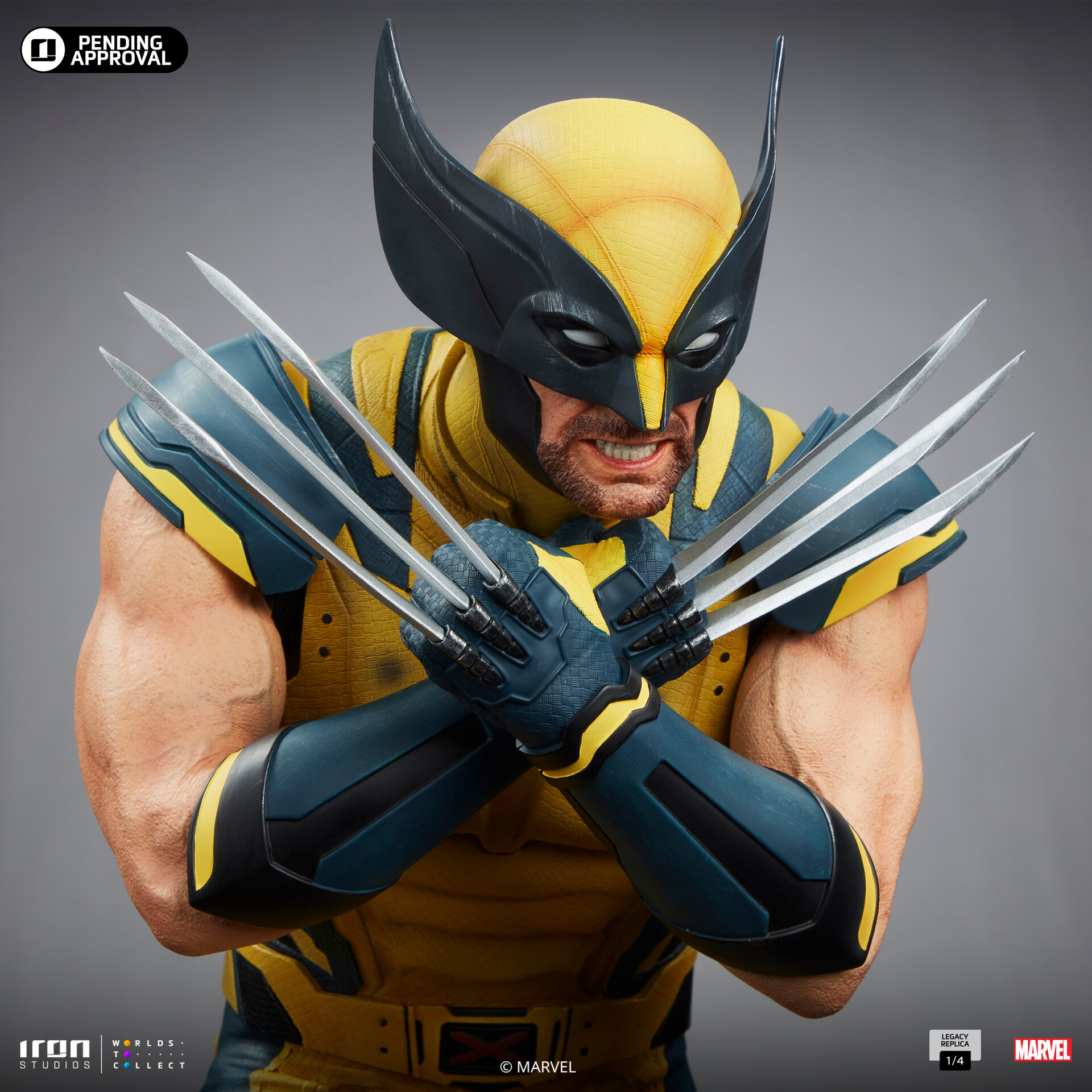 a closeup image showcasing a muscular figurine of the marvel superhero wolverine. he is in his classic yellow and blue costume, with his claws extended and crossed in front of his chest. the pose captures wolverine's signature aggression.  the image appears to be promotional material for a highquality collectible.