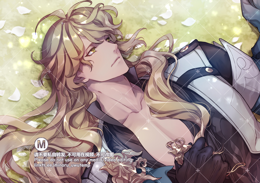 the illustration is of an anime character, a handsome young man with long blonde hair, lying on a field of grass and flowers. he has a sword in his hands and a beautiful outfit.  the background is a field of grass, with white petals scattered on top. this illustration gives off a romantic and dreamlike vibe. the character looks peaceful and happy.