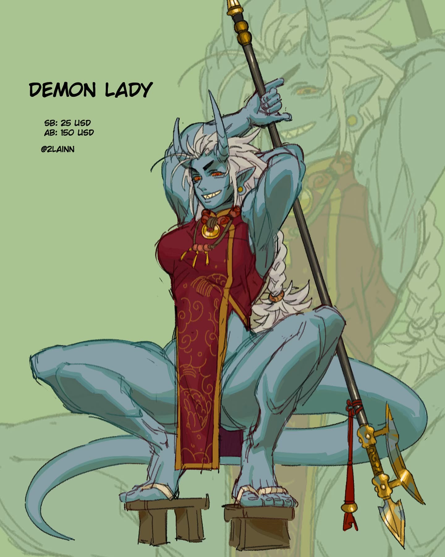 the image is a digital painting of a blueskinned female demon, styled in a way reminiscent of asian art.  she has horns, a long tail, and is wearing a red qipaostyle dress with gold detailing. she's holding a spear and is crouched, giving her a confident and slightly playful expression. the background features a faded image that appears to be another version of the same demon.  the artwork includes a price list for commissioning a similar piece, indicating it's likely concept art or a commission piece for sale. the artist's handle is also included. the overall style is vibrant and dynamic, with attention to detail in both the character design and the background.