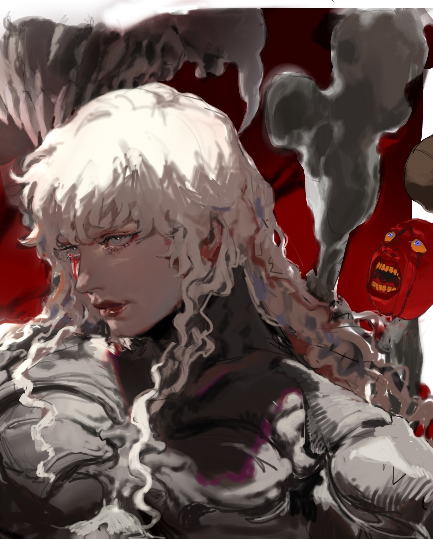 the image is a digital painting of a female character with long, white hair and armor. she has a serious and intense expression on her face.  the background is dark red with smokelike elements and a partially visible, screaming red demonic face. the style is dark fantasy, with a grim and dramatic atmosphere. the artwork is detailed and expressive, conveying a strong sense of emotion and tension. the overall impression is one of a powerful, possibly tragic, female character caught in a perilous situation. the style evokes elements of anime and manga, particularly the style seen in works such as berserk.