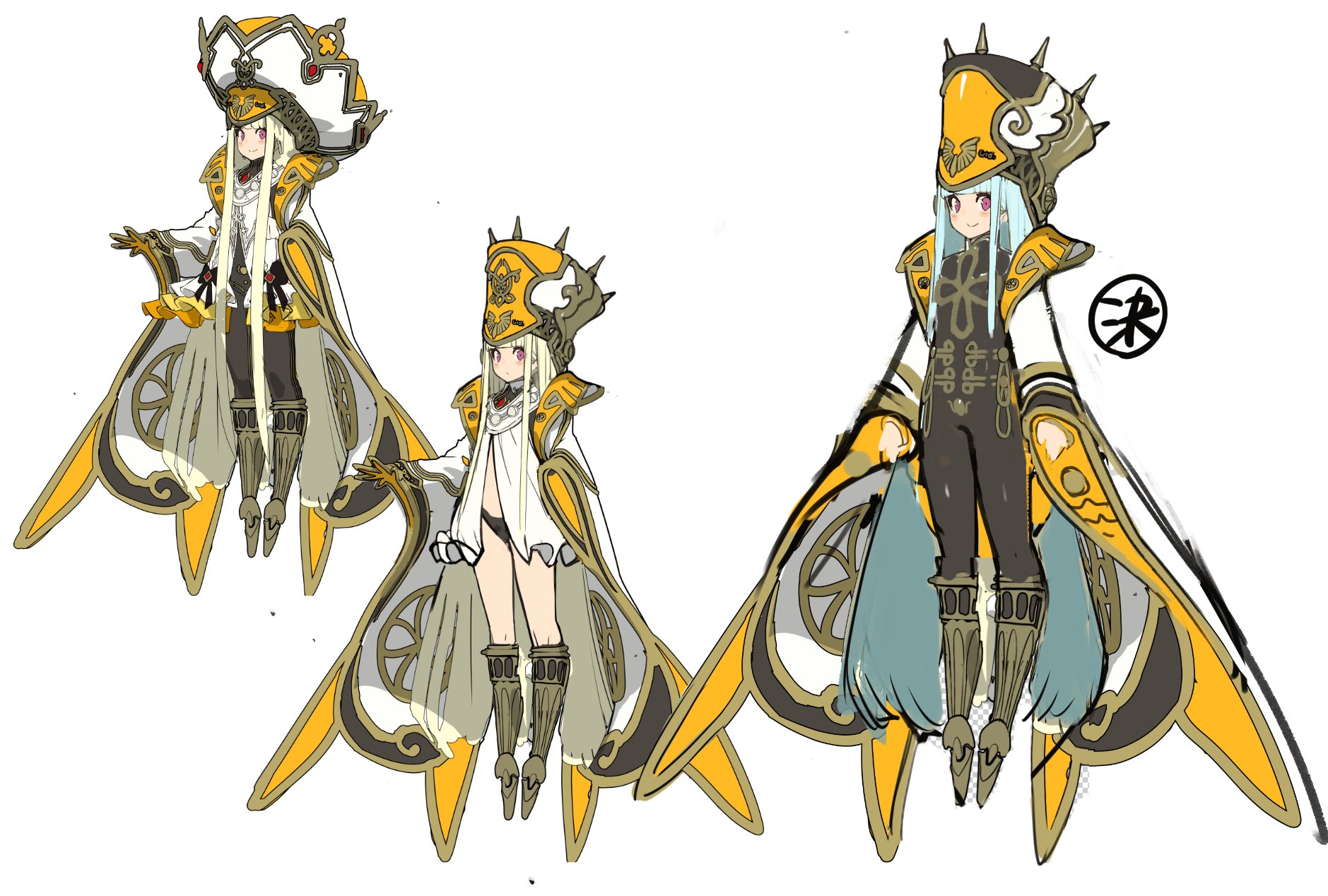 this is a sketch of a character design. the character is a female with long hair, she is wearing a white dress with a yellow cloak and a hat with gold accents. her wings appear to be made of the same material as her hat and cloak, but she is also wearing black pants underneath her dress. her design is in the style of anime.