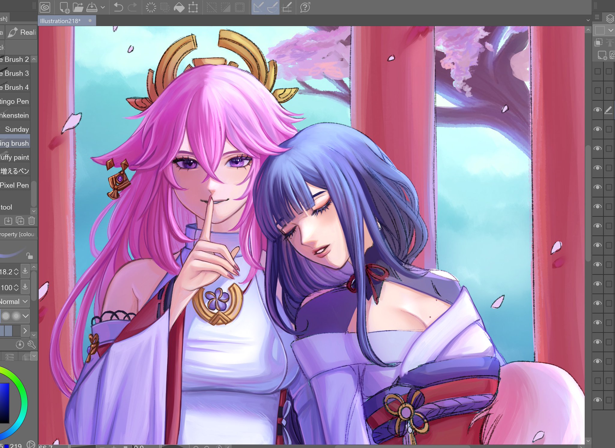 the image depicts a digital painting of two anime girls. one has long pink hair and wears a white kimono. the other girl has long blue hair and wears a purple kimono. both girls have an elegant expression on their faces. the girls are standing together, leaning on a red frame. the background is a pale blue sky with cherry blossoms.