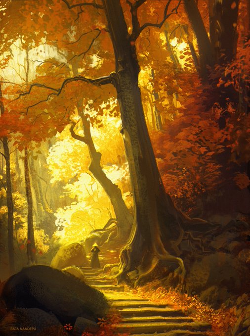 the image is a digital painting depicting a serene autumnal forest scene.  a path, paved with stone steps, winds through the woods, bathed in warm, golden sunlight.  the trees are ablaze with vibrant yellow and orange leaves. a hooded figure stands near the beginning of the stairs.  large rocks and exposed tree roots add texture and depth to the scene. the overall mood is mystical and peaceful, suggesting a magical or fantasy setting.  the artist's skill is evident in the detail and the use of light and shadow to create a sense of depth and atmosphere.