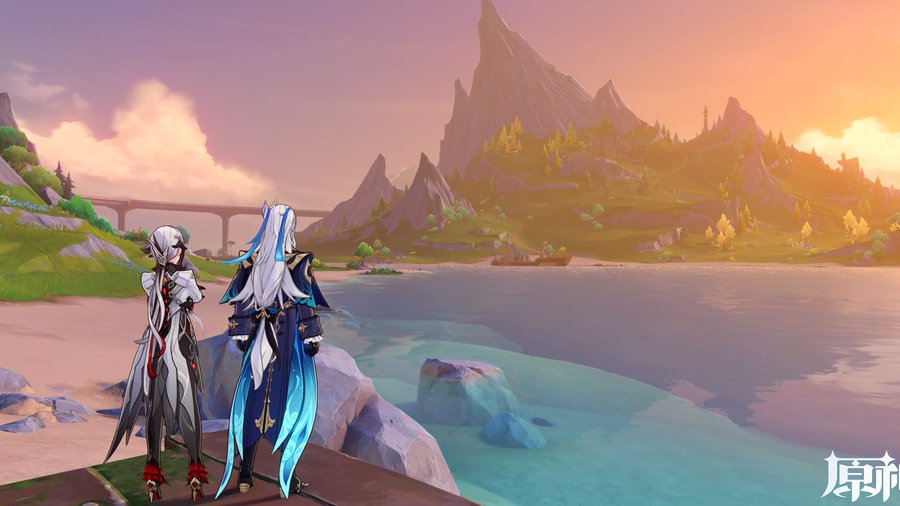 he image is a screenshot from the video game genshin impact. it depicts two animestyled characters, a male and a female, standing on a beach overlooking a calm ocean. in the background, there are majestic mountains bathed in the warm glow of a setting sun. a bridge is visible in the distance, leading towards a picturesque village nestled amongst the hills. the overall ambiance is peaceful and serene, capturing the game's fantastical setting. the characters are facing away from the camera, focusing on the breathtaking landscape before them. the image's warm color palette and detailed artistry are indicative of genshin impact's distinctive visual style.
