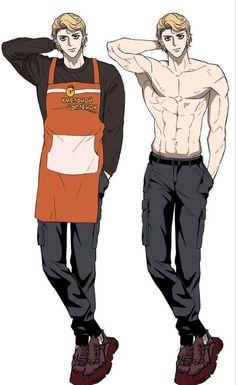 this illustration features two depictions of the same fictional male character.  on the left, he is fully clothed in an orange apron worn over a black longsleeve shirt, black pants, and darkcolored sneakers. on the right, the character is shirtless, showing a muscular physique, and is wearing grey cargo pants and the same shoes as in the first depiction. both depictions show the character with blonde hair styled similarly and a neutral facial expression.