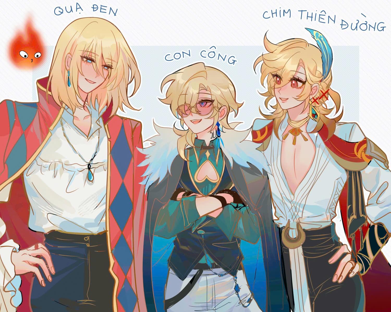 the image is a digital fanart depicting three animestyle male characters, likely inspired by different anime/game sources. the character on the far left closely resembles howl pendragon from howl's moving castle, labeled "guả ben" (likely a phonetic rendering of his name).  the character in the middle is reminiscent of albedo's design from genshin impact, labeled "con công" (likely the vietnamese name for a peacock). the character on the right bears resemblance to kaeya from genshin impact, labeled  "chim thiên đường" (likely vietnamese for "bird of paradise").  all three characters are stylishly dressed in elaborate, distinct outfits. the art style is clean, colorful, and emphasizes character design and detail.  the piece is likely fanmade and displays the artist's interpretation of these characters.