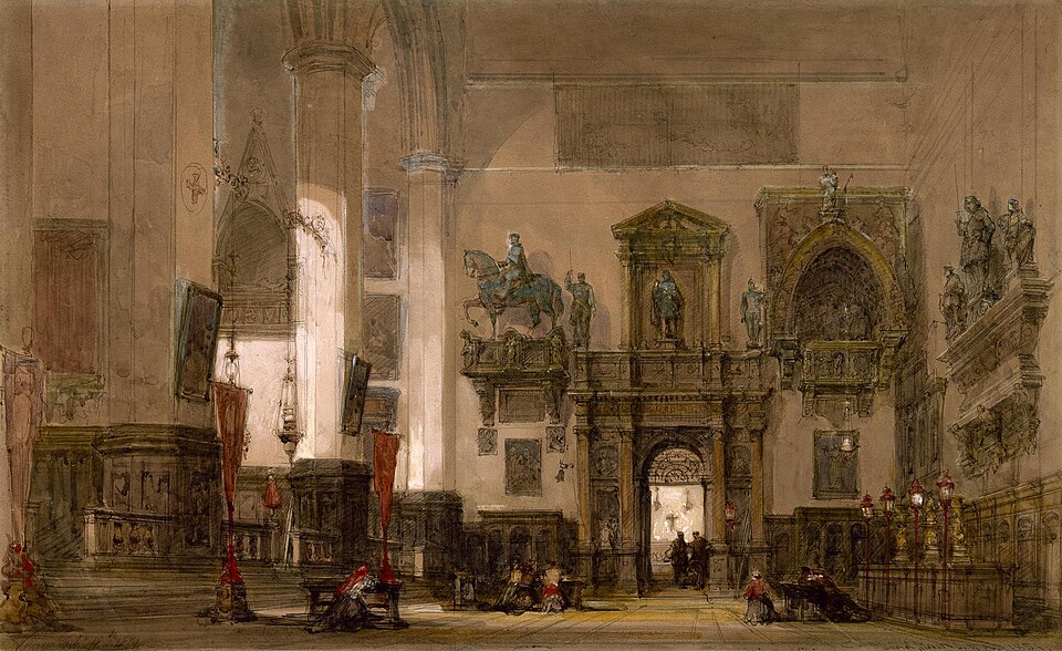 this is a watercolor painting of the interior of a church. it features architectural elements like columns, arches, and pews. the church is adorned with statues, sculptures, and paintings. there are several people in the church. light streams in through windows, illuminating the scene. flags and lanterns add to the overall ambiance.