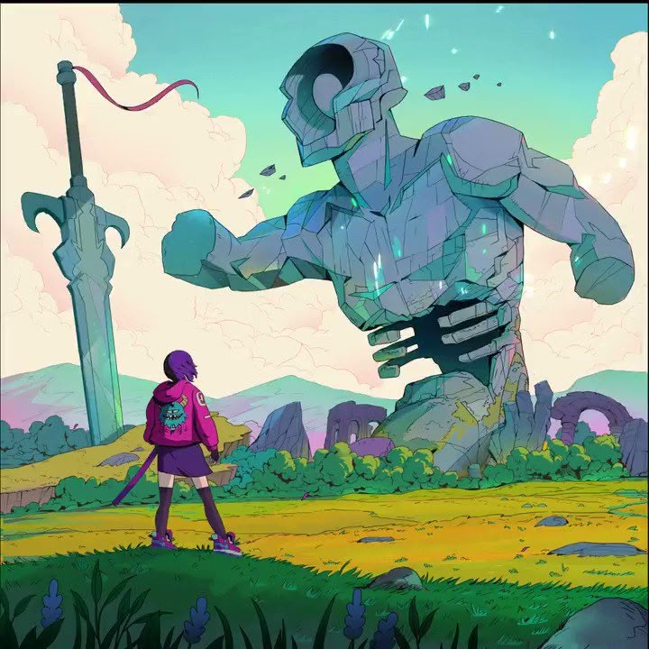 a vibrant, animestyle illustration features a young girl with purple hair and a pink jacket standing in a grassy field, facing a colossal stone golem. a giant sword stands upright to the left of the girl. in the background, mountains and ancient ruins are visible under a sky filled with stylized clouds. the scene is rendered with bright, saturated colors and bold outlines.
