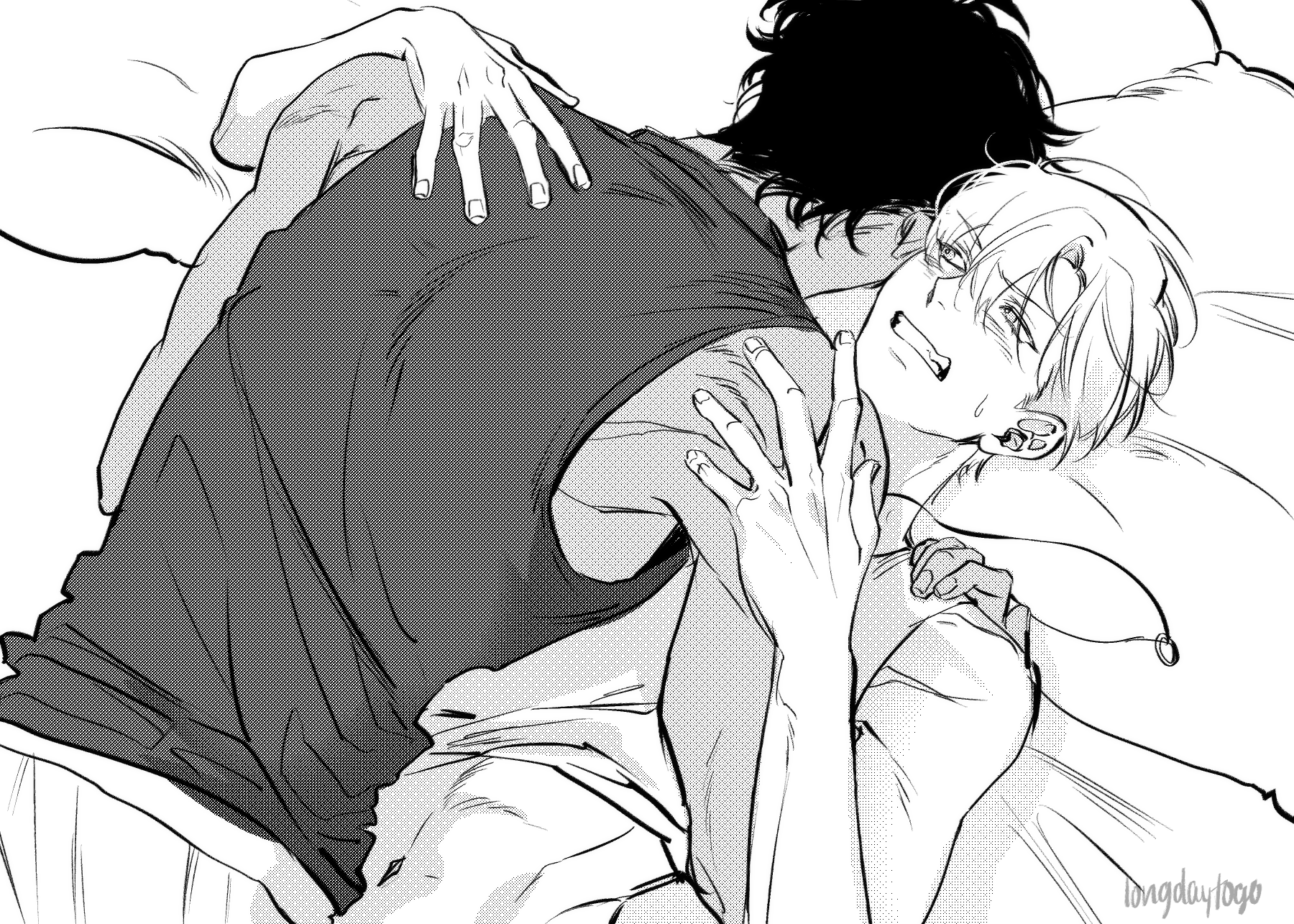 he image is a black and white mangastyle drawing depicting two young men intimately embracing on a bed. one man is lying on his back, his arms wrapped around the other man's neck and shoulders, while the other man is on top, his arms around the first man's waist and back. their expressions are tender and suggestive of a deep emotional connection. the style is quite expressive, with detailed line work showing emotion through facial expressions and body language. the overall mood is warm and intimate.