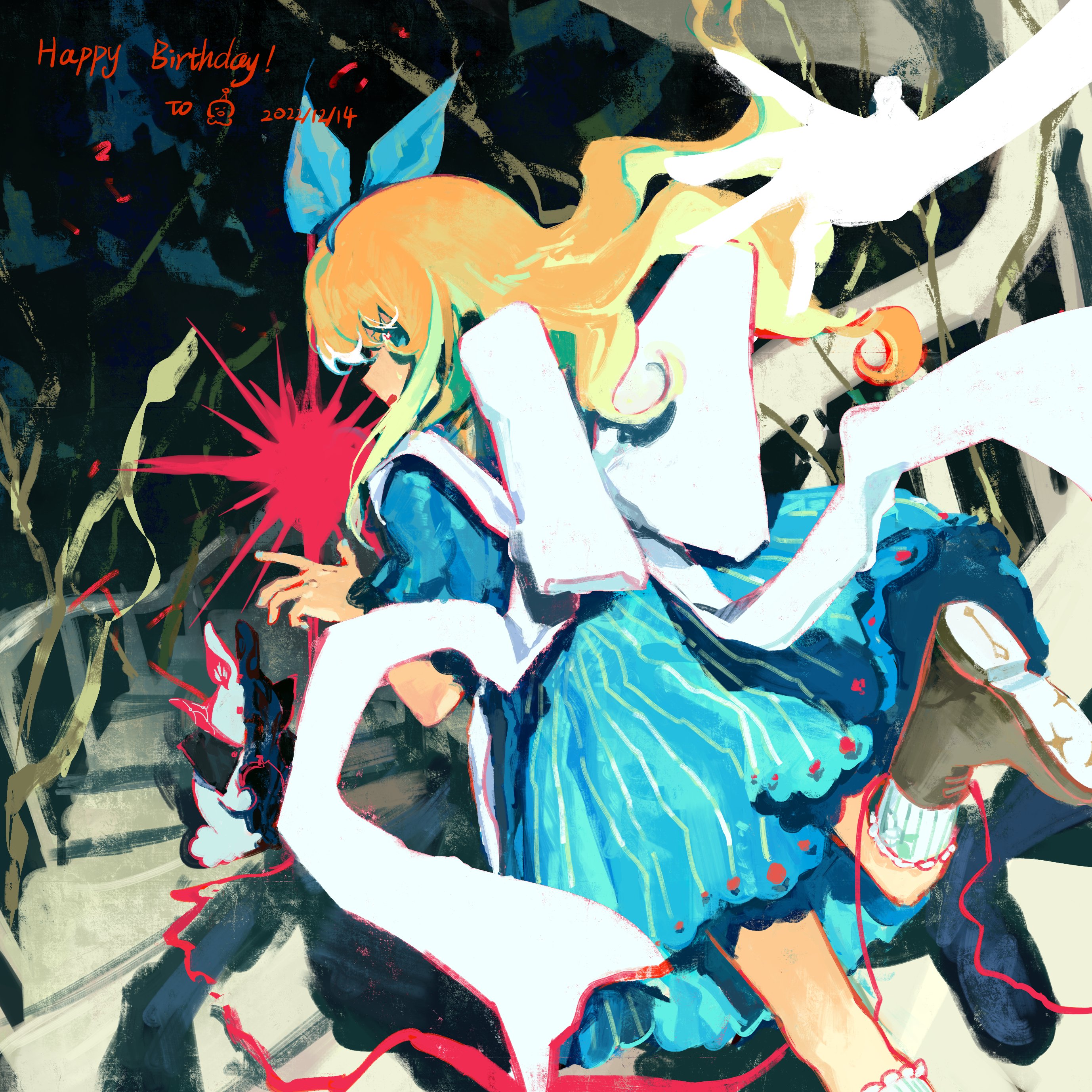 a vibrant and whimsical digital illustration of an anime girl with blonde hair and a blue dress. she is surrounded by a white and red abstract design, creating a playful and magical atmosphere. the girl appears to be falling, with a playful expression on her face. the illustration is likely a birthday card, with the message "happy birthday!" written in the top left corner.