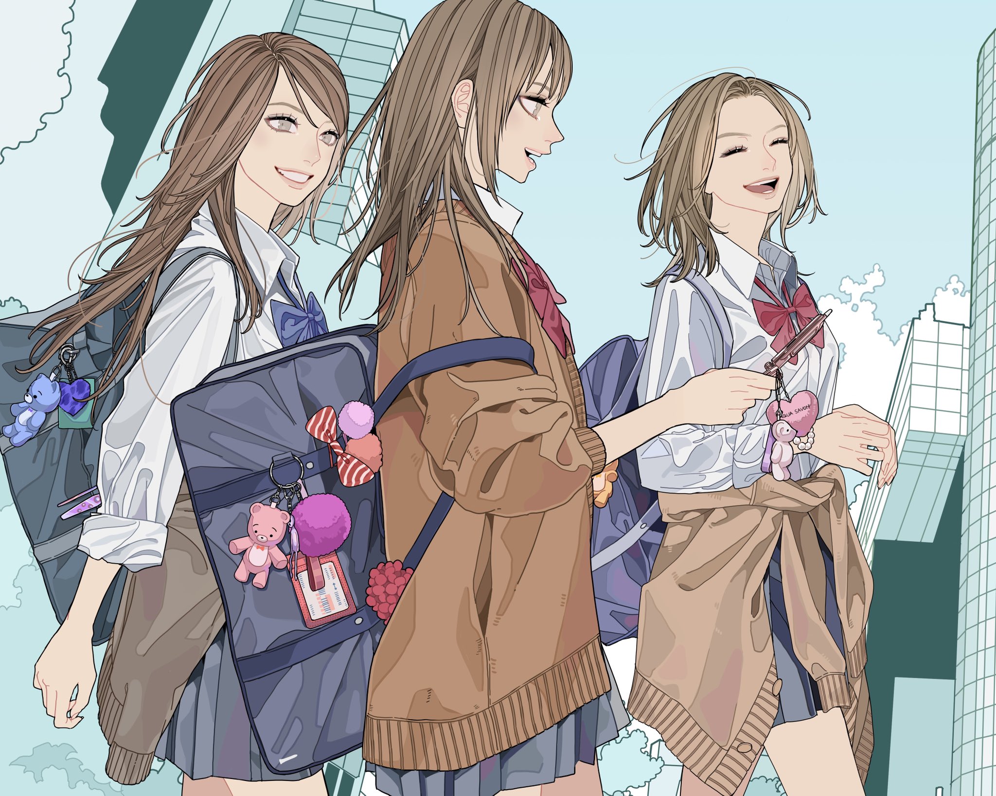 three animestyle schoolgirls are walking and smiling, each wearing a school uniform consisting of a white shirt, skirt, and carrying backpacks adorned with keychains. one wears a brown sweater, and buildings form the background during the daytime.