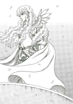 a black and white mangastyle drawing of a man with long, flowing hair and angelic wings. he is wearing a cape and has a determined expression on his face. petals are scattered in the air around him. the drawing is set against a soft, ethereal background.