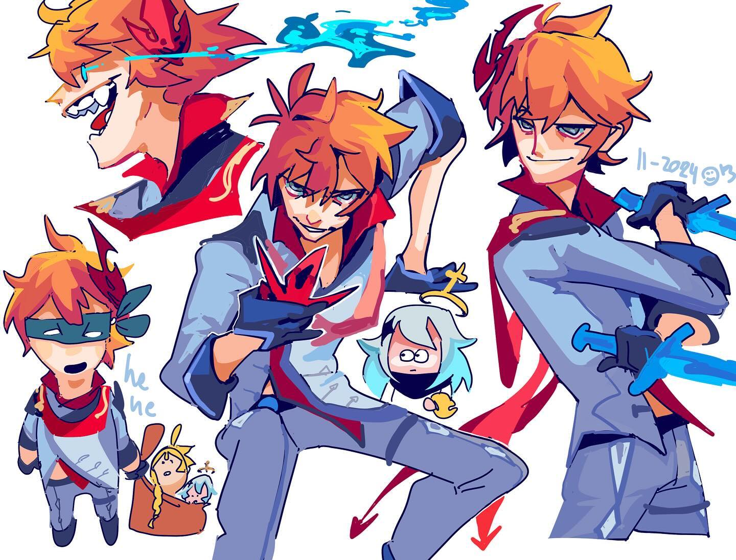 he image is a vibrant digital drawing featuring a male anime character with bright orange hair and a variety of expressions and poses.  the style is dynamic and cartoonish, with bold lines and color choices. the character is depicted in several different poses, some actionoriented with glowing blue swords, and others more relaxed.  there are also smaller, related characters in the drawing, possibly companions or additional character designs. the overall feeling is energetic and playful. the style of the art suggests it might be fanart, potentially inspired by a video game or anime series. the date "112024" is visible in the top right corner, indicating a likely creation date.