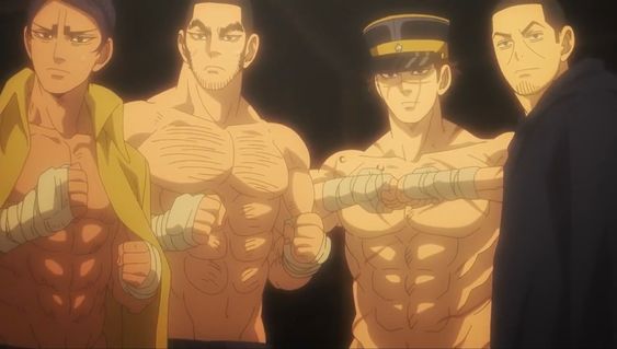 the image shows four muscular men standing together. the scene is dark, with warm spotlighting on the men. the men appear to be characters from an anime or comic book. all of them appear to be fighters based on their muscular builds and serious expressions.