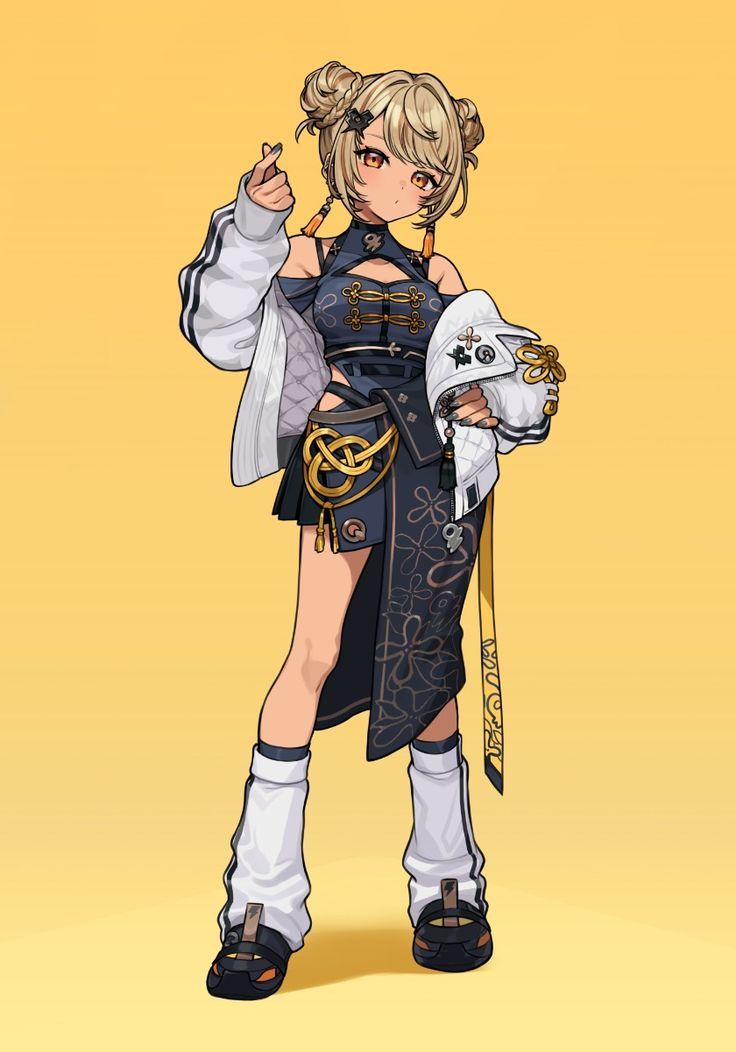 the image is a digital illustration of a stylized anime girl. she has blonde hair styled in two buns, tan skin, and is wearing a blend of modern streetwear and traditional asianinspired clothing.  her outfit includes a darkblue cheongsaminspired top and skirt with gold accents and a pattern, paired with a white oversized jacket with sporty details. she accessorizes with gold jewelry, notably a knotshaped belt piece, and white high socks with sandals. the girl is striking a pose, making a finger heart gesture with one hand while holding the other hand near her waist. the background is a solid, bright yellow. the art style is clean and detailed, with a focus on fashion and character expression.
