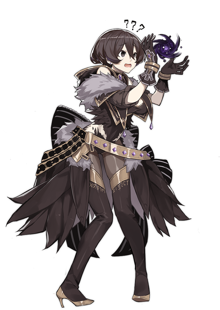 a young woman with short, dark brown hair and violet eyes stands against a black background. she's dressed in an elaborate, darkthemed sorceress outfit with gold and purple accents, featuring a short, ruffled dress, thighhigh boots, and a large, feathered collar. she wears ornate gloves and holds a swirling orb of dark energy in her hand, her expression curious and playful as if experimenting with her magic. the overall aesthetic is a blend of cute and powerful, suggesting a character who is both charming and formidable.