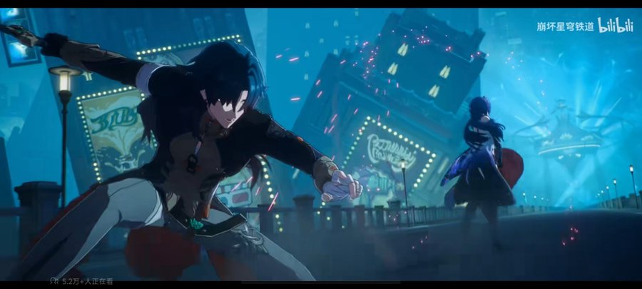 the image shows two anime characters in a futuristic cityscape at night. the male character is in the foreground, facing the left and holding a sword,  while the female character is in the background, facing the right. both characters are glowing with an energy aura. there are buildings and neon signs in the background. the city is very dark, with only a few streetlights. the overall tone of the image is mysterious and actionpacked.