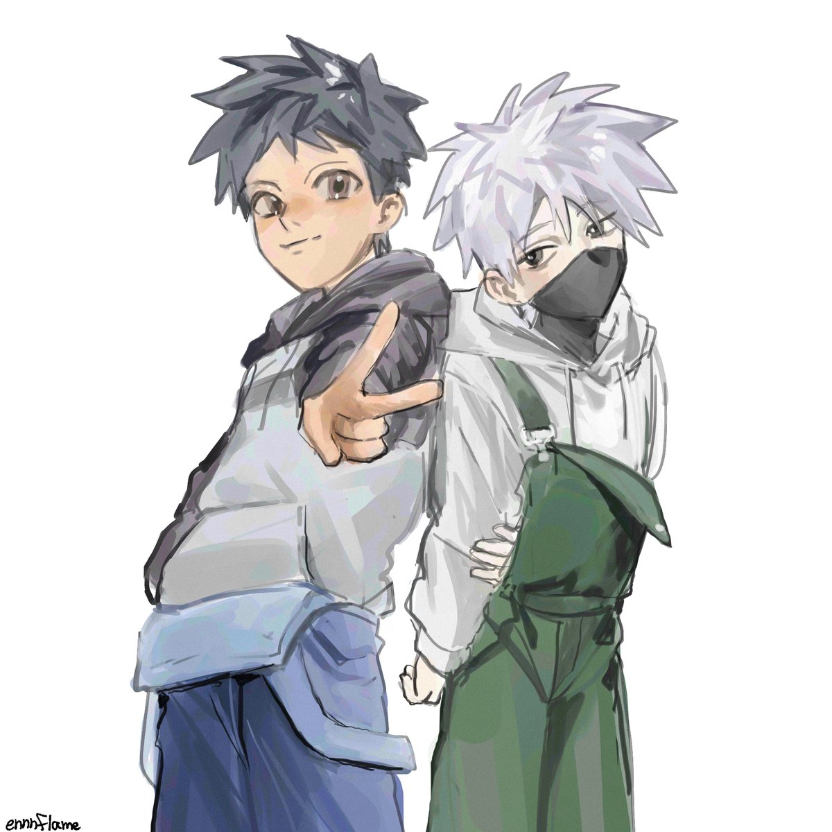 two anime boys are standing next to each other. the boy on the left is wearing a white hoodie and blue pants. he is smiling and making a peace sign with his hand. the boy on the right is wearing a white hoodie and green overalls. he has white hair and is wearing a black mask. they both seem to be close friends. the art style is similar to that of a manga, with soft lines and shading. the image is full of color and movement, and it evokes a sense of happiness and friendship.