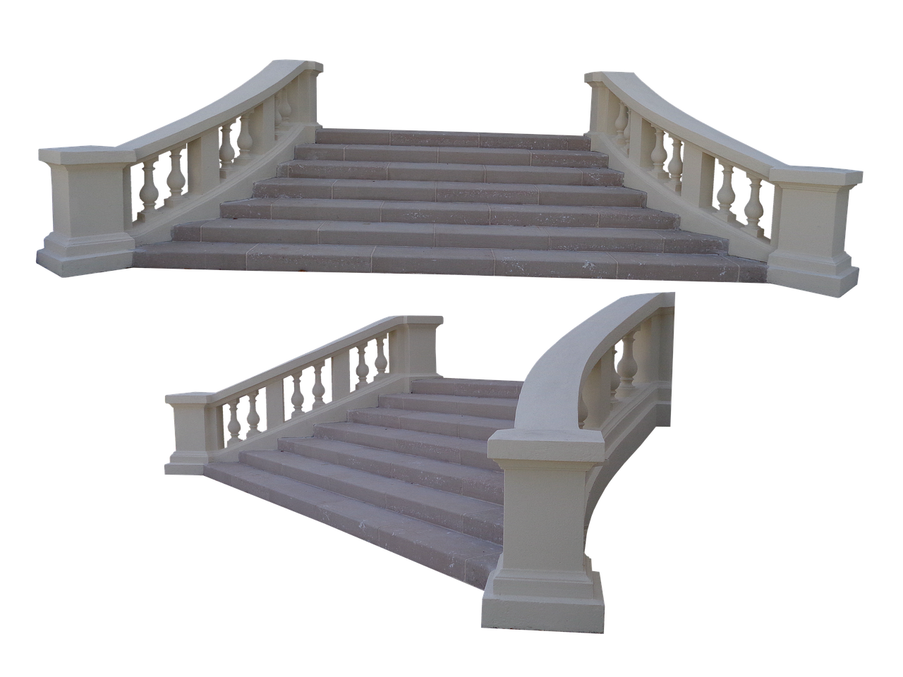the image shows two perspectives of a stone staircase with a balustrade. the upper portion displays the stairs headon, while the lower portion shows the stairs at an angle. the stairs are constructed from lightcolored stone. the balustrade features a curved design with decorative balusters. the background is black.