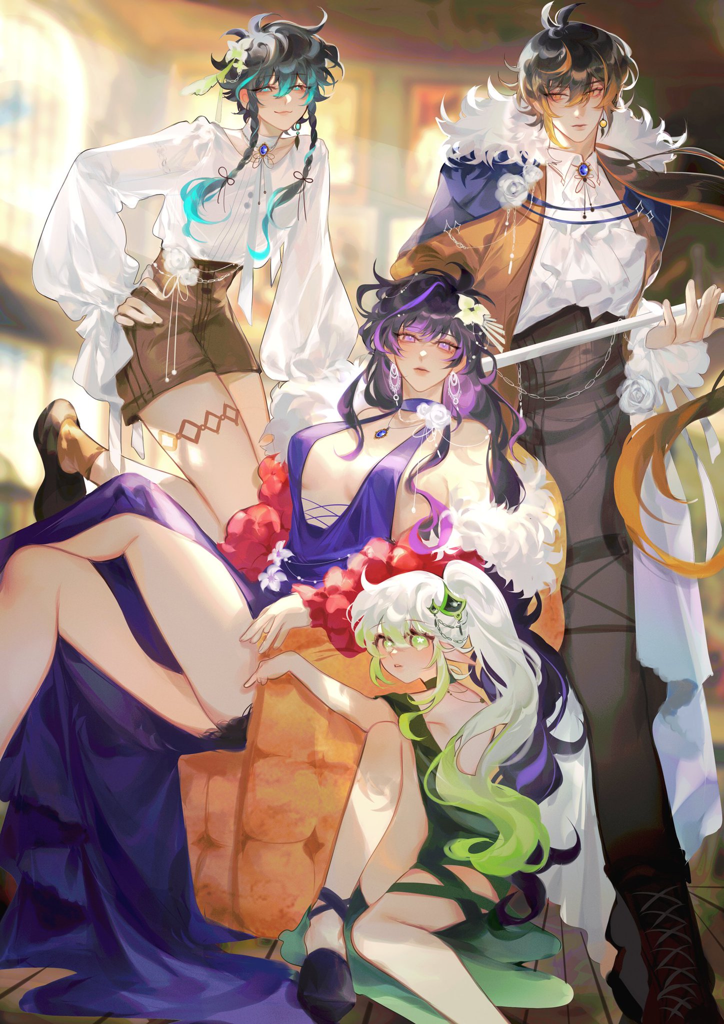 he image is a vibrant and colorful digital painting or illustration featuring a group of four animestyle girls, each with distinct personalities and styles. three are positioned on a plush, orangehued chair or sofa, while one stands slightly behind and to the side, holding a long, slender object that resembles a staff or a sword. the girl in the foreground is clad in a flowing, purple dress, her vibrant purple hair cascading down her back. to her right is a character with limegreen hair, dressed in a darker, more modest green outfit. the girl at the far left appears more androgynous, donning a light, offwhite shirt and brown shorts, with teal hair partially tied. the tallest figure standing behind is dressed in a more opulent, brown and dark blue outfit, with hints of gold, and black hair with highlights. the overall style suggests fantasy or magical elements, with floral details adorning their outfits and hair. the lighting in the image adds depth and highlights the intricate detailing of the characters' clothing and expressions, creating a sophisticated and attractive visual appeal. the scene is set against a slightly blurred interior background that complements the focus on the characters.