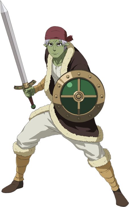 this is an illustration of goblin slayer, a fantasy anime character. he is a goblin slayer and has a strong build, green skin, a red bandana on his head, a sword in his right hand, and a shield in his left. he is wearing a brown coat with fur lining and a white undershirt, his pants are white with furry leggings and brown boots. the background is white.