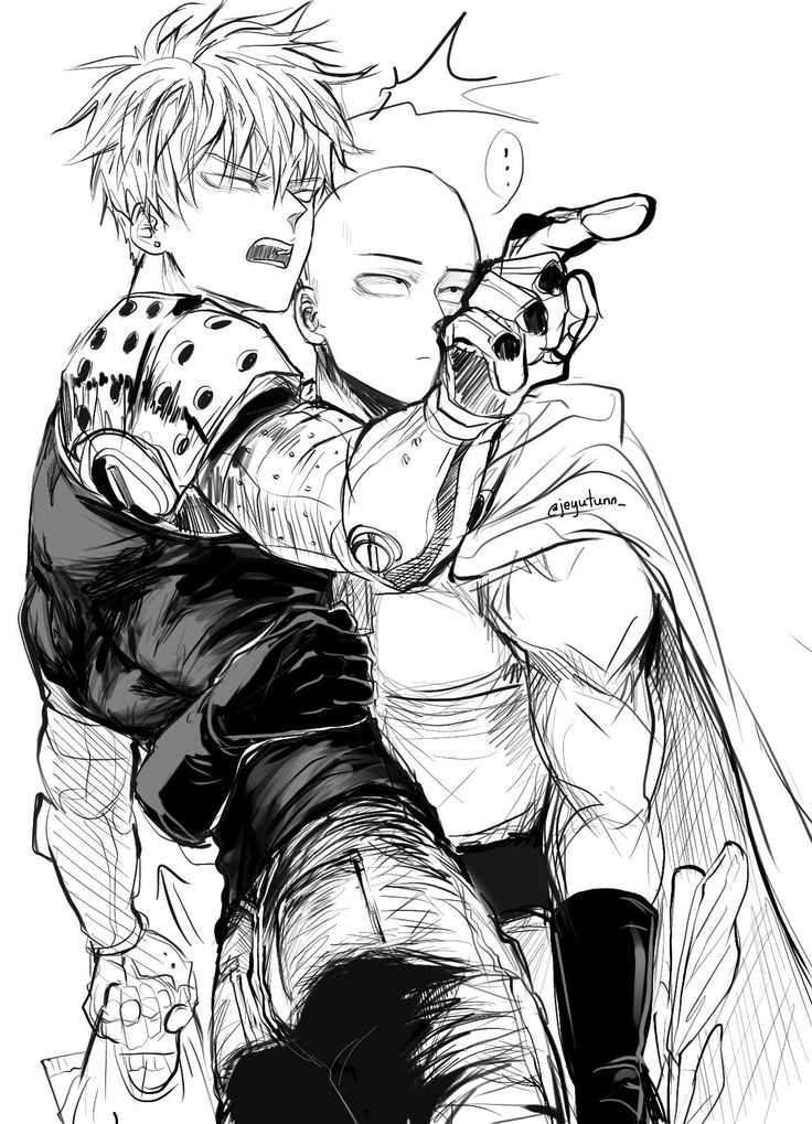 a black and white sketch depicting a dynamic scene from the anime/manga "one punch man". genos, the cyborg disciple, is seen hugging saitama, the seemingly unimpressed hero. genos's hand is raised in a gesture indicative of action or excitement, while saitama appears relatively calm. the style is characteristic of manga/anime fanart, with expressive lines and dynamic posing.  the overall mood suggests a strong bond between the two characters, perhaps a moment of camaraderie amidst action.