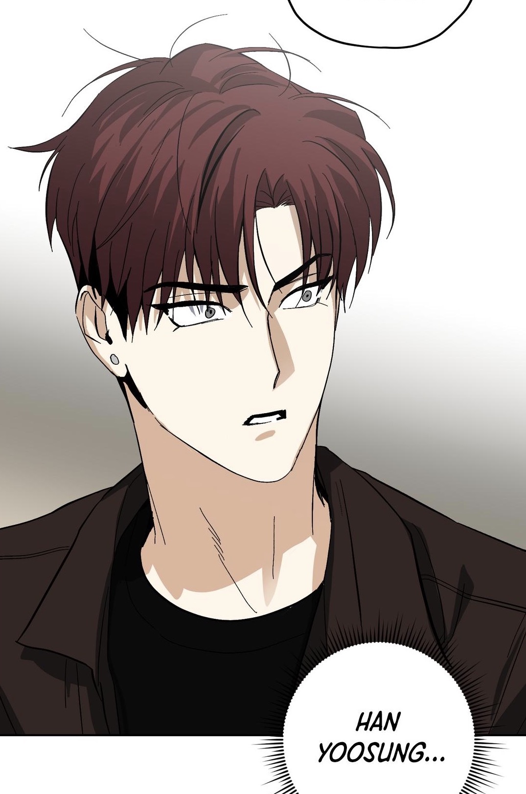 loseup illustration of a young man with dark brown hair, styled in a somewhat messy, textured look. he has a serious, almost intense expression on his face, with his eyebrows slightly furrowed and his gaze directed forward. his eyes are large and expressive, showing a mix of determination and perhaps slight apprehension. he's wearing a darkcolored jacket, the collar partially visible. a speech bubble next to him says "han yoosung...". the art style is reminiscent of korean webtoons or manhwa, with clean lines and slightly stylized features. the overall mood is dramatic and somewhat mysterious.