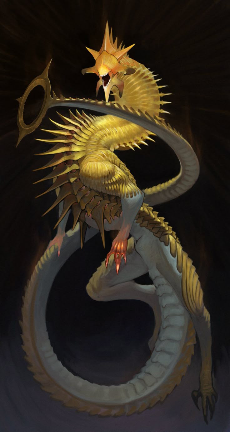 a golden dragonlike mythical creature with a serpentine body and humanoid upper torso stands in a dark setting. it has golden spikes along its back and a starshaped crown on its head. the creature holds a golden ring in one hand and has sharp claws on its hands and feet. the body transitions from a golden, armored chest to a scaled, pale serpentine tail.