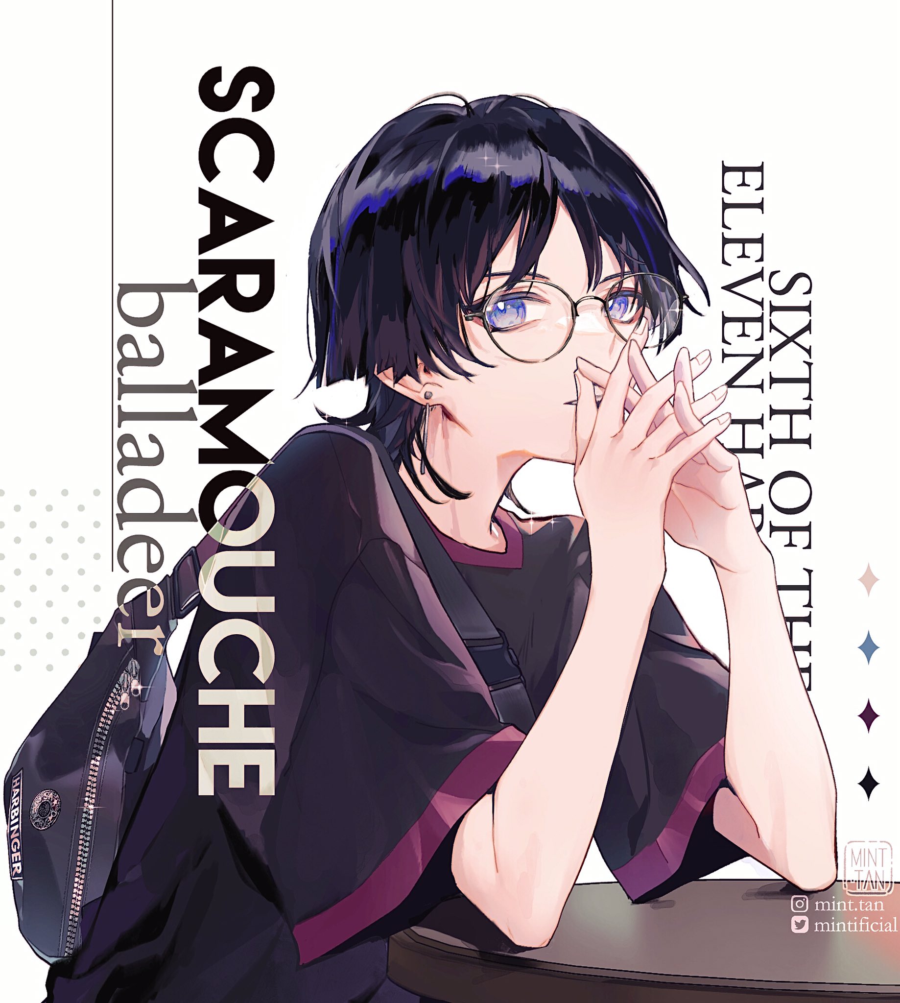 a digital illustration of scaramouche from the game genshin impact. he has black hair, blue eyes, and is wearing glasses. he is wearing a black shirt with a red trim, and is holding his hand to his mouth as he looks off to the side. in the background is the title "sixth of the eleventh harbinger", and a large inscription of "scaramouche balladeer" to the left of the character.