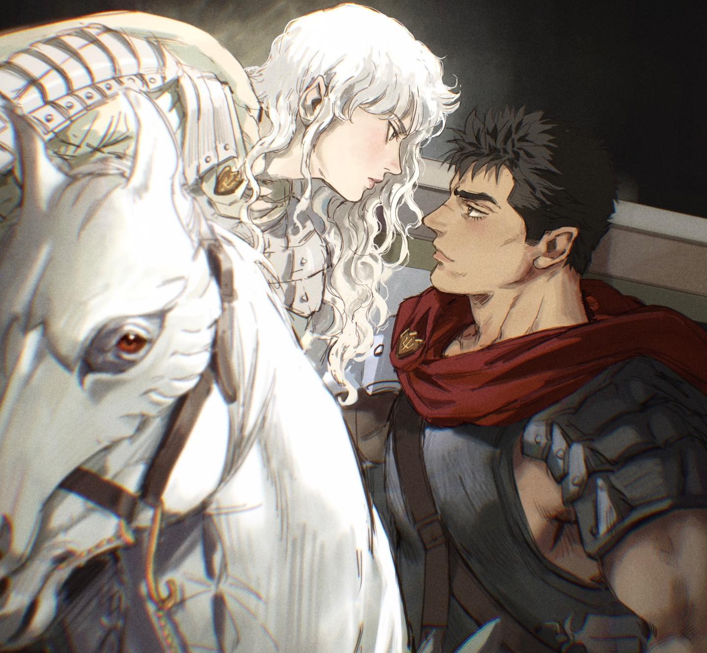 the image is a piece of fanart depicting guts and casca from the manga and anime series berserk.  it's a closeup shot, focusing on the two characters in a moment of intimacy. casca, with her signature long white hair, sits atop a white horse, her gaze meeting guts'. guts,  wearing his signature dark armor, looks up at casca with a tender expression. the overall atmosphere is dark and dramatic, with soft lighting highlighting the characters' faces and emphasizing the emotional connection between them. the style is reminiscent of the original berserk art style but with a unique digital painting touch. the background is dark and indistinct, further drawing attention to the central figures.