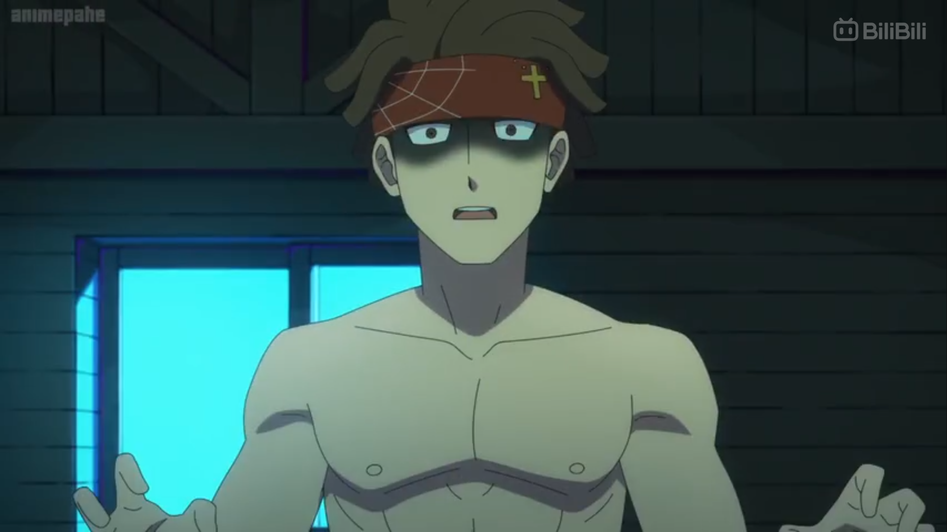 a cartoon man with brown hair, wearing only a red bandana with a design and a cross, is shown from the chest up in a dimly lit room with blue light coming from a window to his left. he is making a surprised or confused face.  the man has an athletic build and appears to be startled.