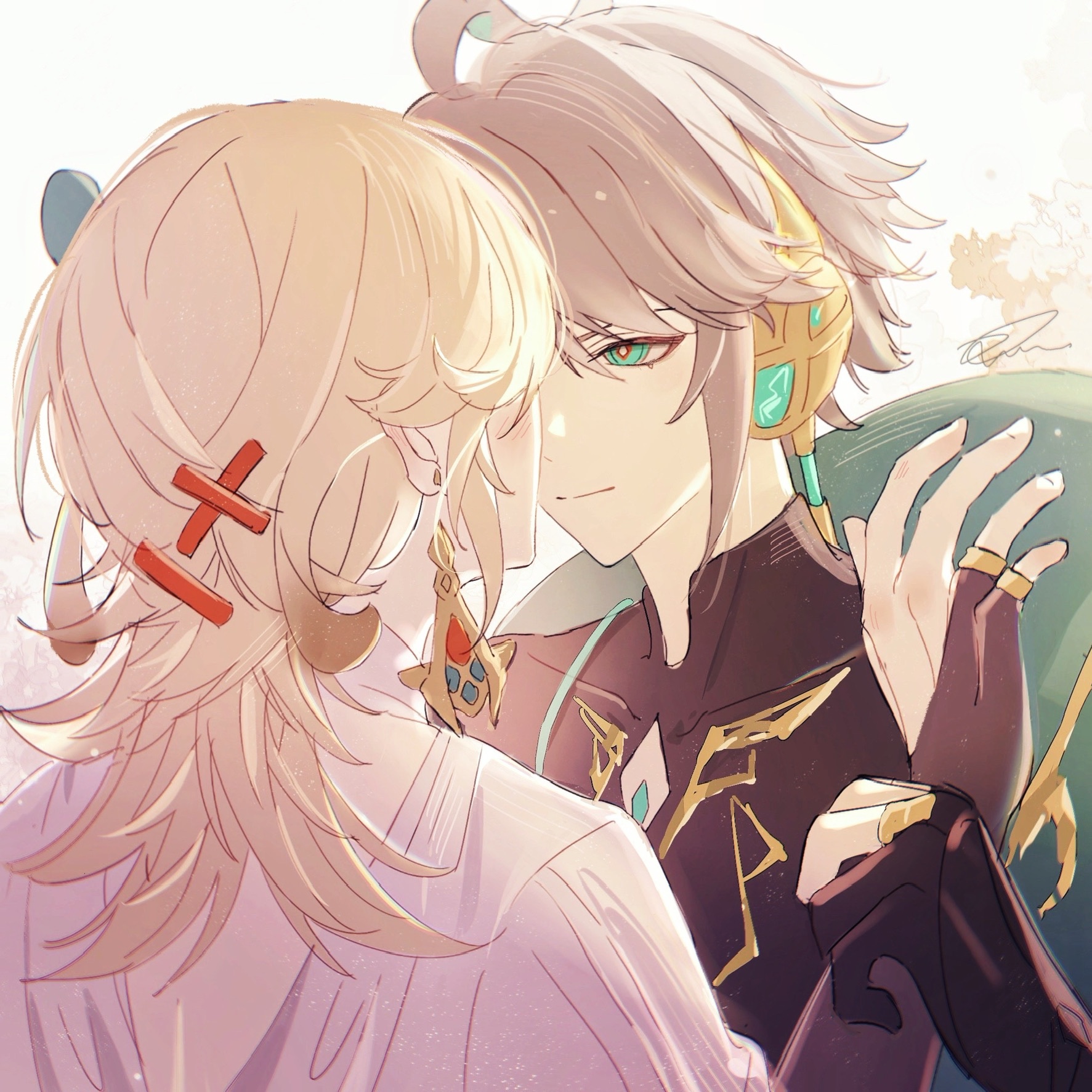 this is a digital illustration of a romantic scene between two anime characters.  the male character has white hair and green eyes, and is wearing a dark, intricate outfit with gold accents. the female character has long blonde hair with two red hair clips and blue eyes. she is wearing a white outfit with a gold and red necklace. they are very close to each other, with the male character's hand on the female character's shoulder. they both have soft expressions on their faces, and there is a sense of affection and happiness between them. the background is soft and blurred, and there are hints of flowers and foliage. the overall impression is romantic and tender.