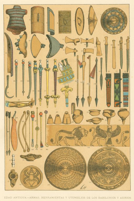 a vintage illustration depicting various arms, tools, and utensils from the babylonian and assyrian civilizations. the illustration showcases a variety of shields, including round, rectangular, and other geometric forms. several types of swords, axes, spears, and daggers are depicted, as well as bows, arrows, and quivers. there are also helmets, vessels, and oil lamps. in the bottom portion of the image, there are stylized illustrations of a lion and a winged sphinx, typical of babylonian and assyrian art. the objects are presented in a gridlike arrangement, with numbers labeling each item. at the bottom, there's text in spanish that translates to "ancient age  arms, tools and utensils of the babylonians and assyrians."